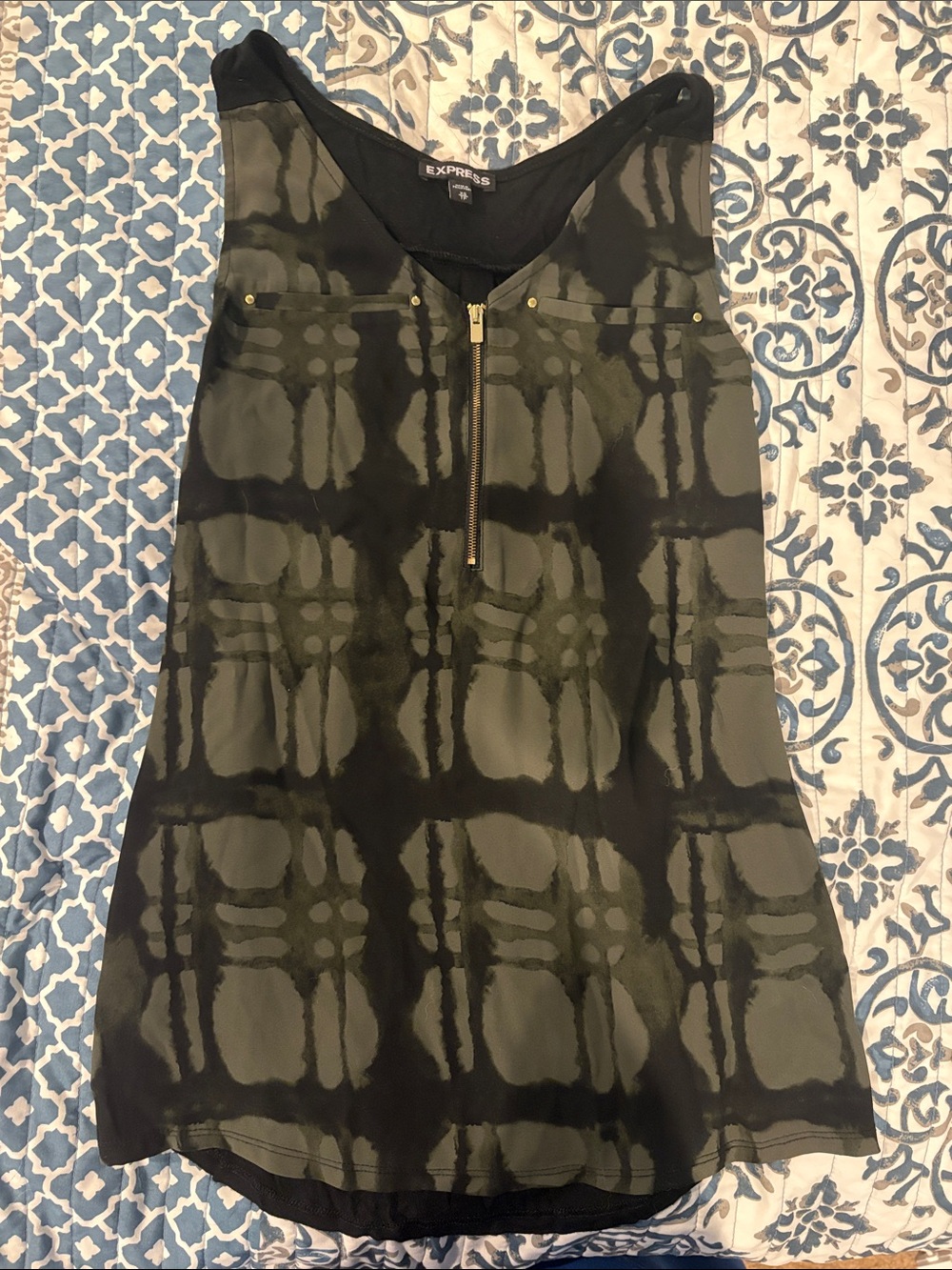 Express Olive Green and Black Tie-Dye Zip Tank